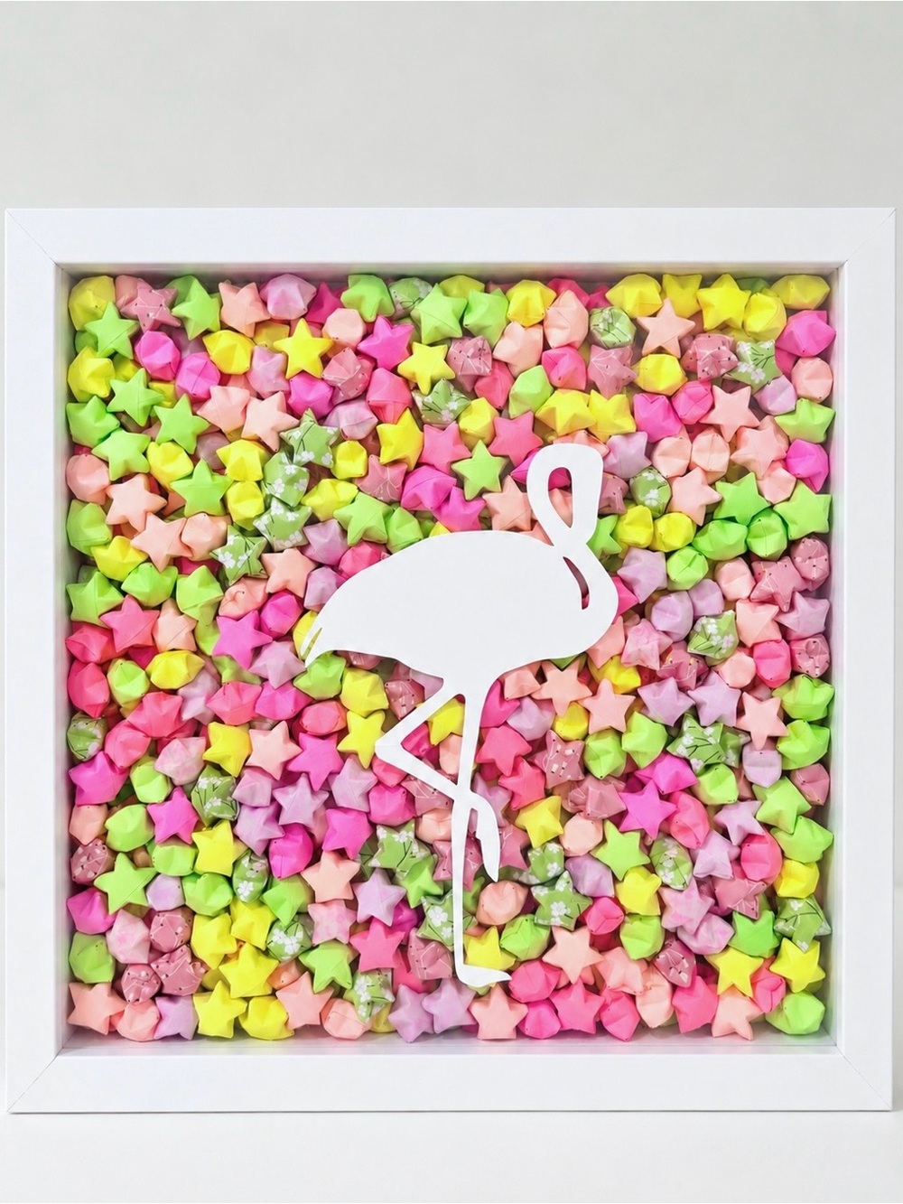 Framed Flamingo paper star filled Wall Art - Pink, Lime, Yellow, Peach Handmade